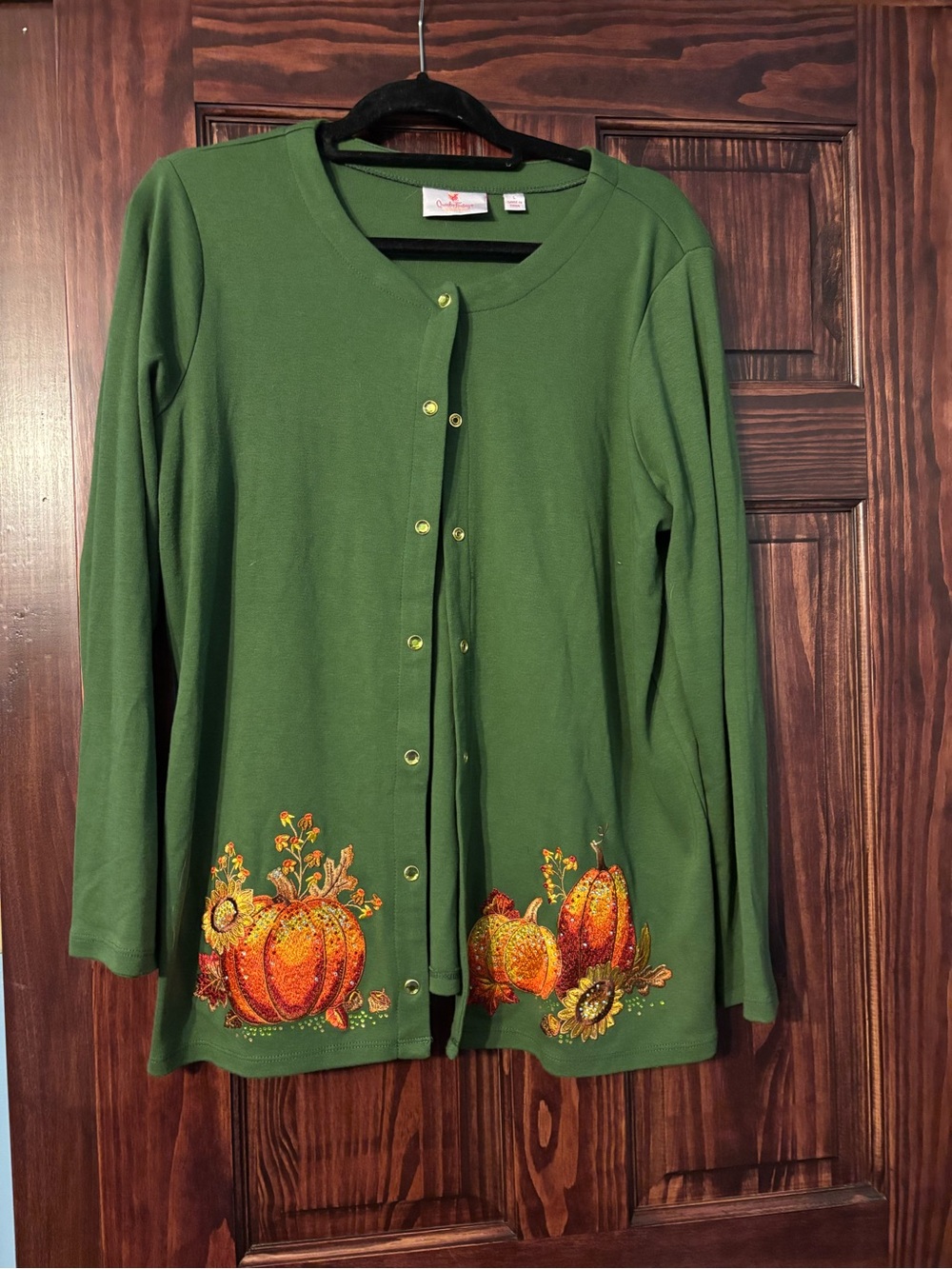 Quacker Factory Green Cardigan with Pumpkin Embroidery